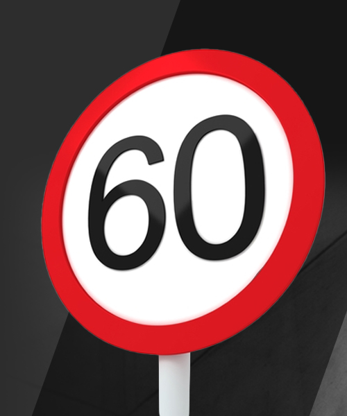 Drawing of a 60 miles per hour speed limit sign with a black background.